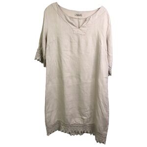 Alessia Pacini Linen Shift Tunic Dress Womens M Tan Short‎ Sleeve Lace Cotton